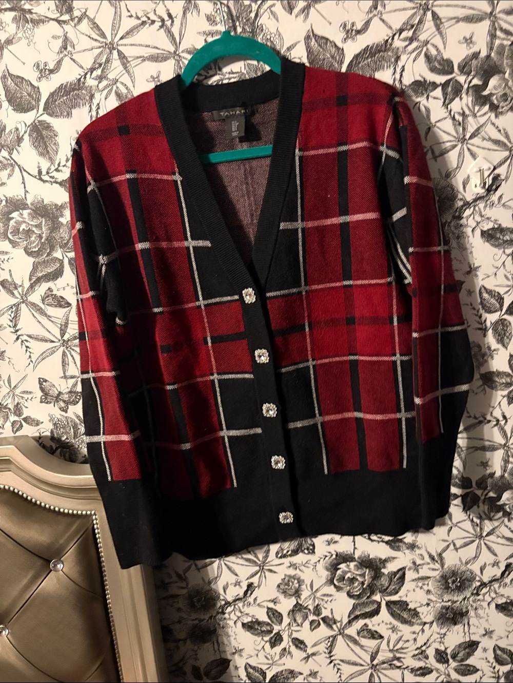 Tahari Red and Black Plaid Men's Cardigan Sweater